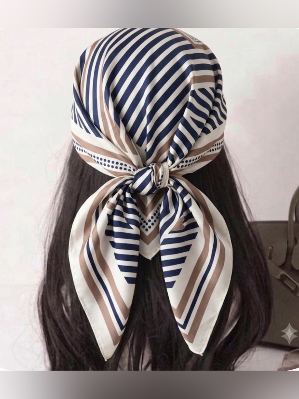 Silky feel Navy & Tan Striped Head Scarf - Women's Fashion Accessory